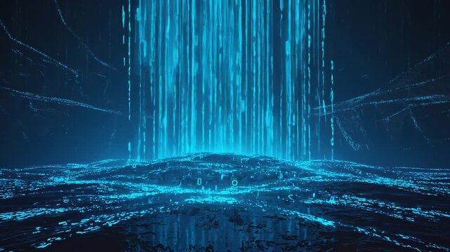 Massive stream of glowing blue binary code falling onto a digital landscape symbolizing big data analysis and cyberspace - Powered by Adobe