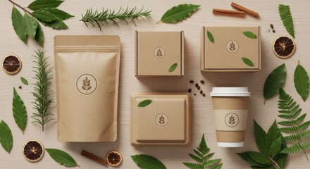 Eco-friendly kraft paper packaging and coffee cup surrounded by natural elements boxes pouch