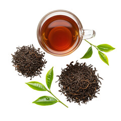 Close-up flat lay of a glass tea cup with warm dark amber tea, dried loose-leaf, and fresh green tea leaves on a transparent studio background, concept of natural tea ingredients and purity