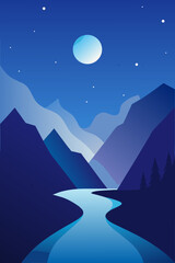Tranquil moonlit valley river scene vector illustration reflecting stars in a serene night sky vector