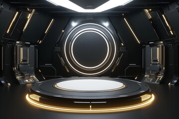 A black and gold circular stage background with a futuristic spaceship interior design for product presentation in a science fiction scene