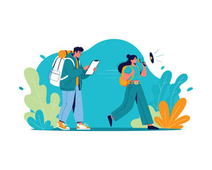 Obraz premium Travel Guide Woman with Megaphone Leading a Man on an Outdoor Excursion or Tourist Trip