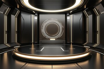 A black and gold futuristic stage with a round LED screen display in a sci fi space station interior design featuring an empty podium for product presentation