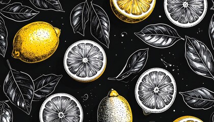A seamless pattern of ripe lemons and grayscale leaves