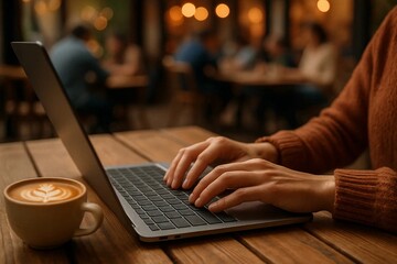 Person working on laptop in cozy cafe. In foreground cup of coffee with latte art. Wood table, evening bokeh. Mood calm productivity. Concept remote work, freelancing, creativity amid urban energy