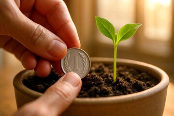 Close-up finance metaphor: fingers plant coin in soil next to seedling. Calm, golden mood evokes saving, startup growth, ESG mindset and steady returns. Small steps today grow into prosperous future