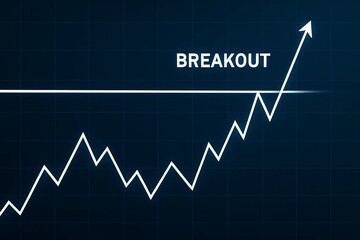 Dark grid chart with “BREAKOUT” headline: a sharp white price line pierces resistance and shoots upward with an arrow. Mood bullish urgency. Concept momentum shift, profit, growth, decisive win