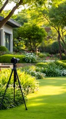 A serene garden scene featuring a camera on a tripod amidst lush greenery and colorful flowers