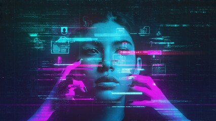 Cybercriminal face obscured by digital overlays, with floating screens showing hacking code and stolen information, representing hidden world of online fraud and cyber theft