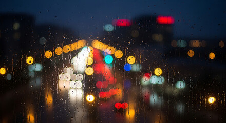 Blurry city lights through a rain covered window at night with bokeh and dark buildings behind