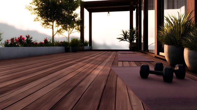 Serene outdoor yoga space with exercise mats and dumbbells, surrounded by lush greenery at sunset
