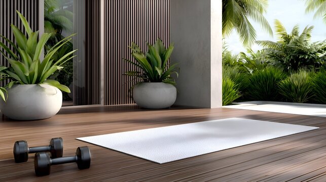 Modern outdoor fitness area featuring dumbbells and a yoga mat surrounded by lush greenery - Powered by Adobe