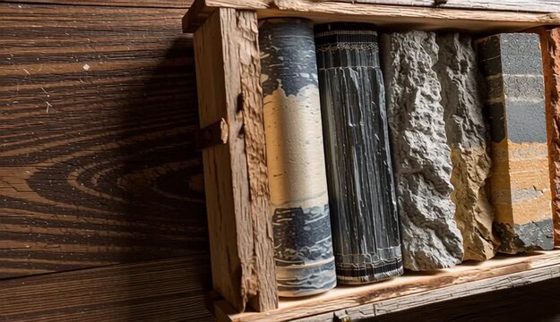 Geological rock core samples in wooden crate displaying layers and textures

