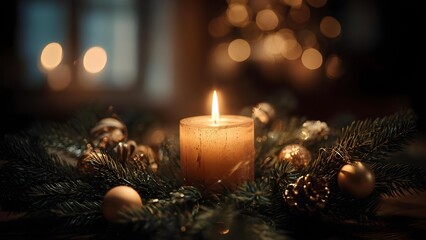 Lit candle centerpiece among evergreen garland with gold ornaments and pinecones, warm bokeh lights. Concept Candlelit centerpiece, Evergreen garland, Gold ornaments, Pinecones, Warm bokeh lights