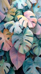 A vibrant display of colorful monstera leaves, showcasing a palette of pastel shades and intricate details.