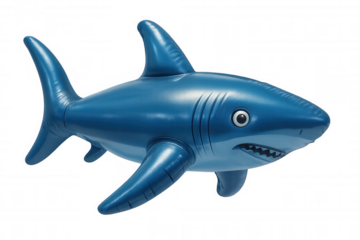 Blue inflatable shark pool float toy with googly eyes, enjoying summer water fun, transparent background