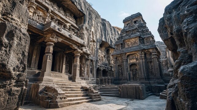 Ancient Rock-Cut Temples Surrounded by Majestic Cliffs in Historical Site of Ellora Caves