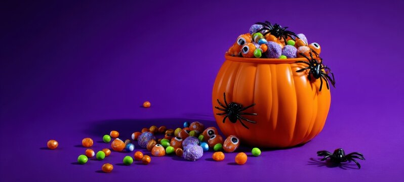 The pumpkin candy bucket filled with colorful Halloween treats, spiders, and scattered sweets
