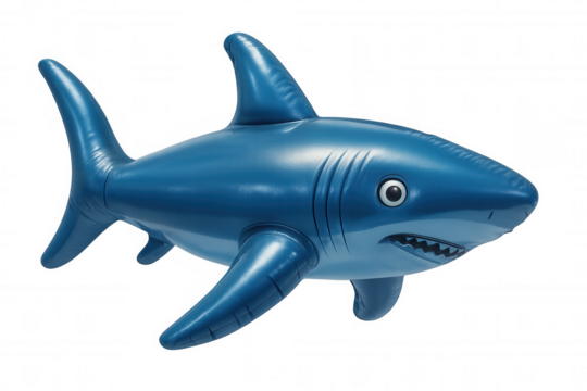 Blue inflatable shark pool float toy with googly eyes, enjoying summer water fun, transparent background