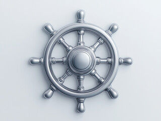 Obraz premium Sleek, metallic ship wheel on a white background, embodying themes of navigation, guidance, and control.