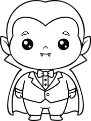 Fototapeta premium Cute Cartoon Vampire Character in Black and White Line Art Style with Cape and Bow Tie, Kawaii Halloween Illustration Coloring Design