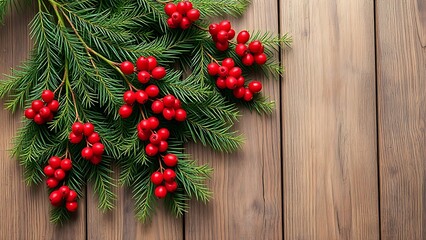 Festive evergreen branches with red berries on rustic wood.