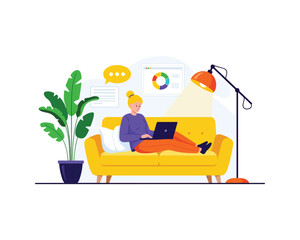 Fototapeta premium Woman Working on Laptop from Sofa in Living Room, Remote Work Concept
