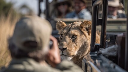 Close Encounter with a Lion in the Wild During a Safari Adventure in Africa