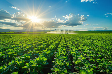 Scene of sustainable farming, fresh vegetation, and efficient water management in modern agriculture.