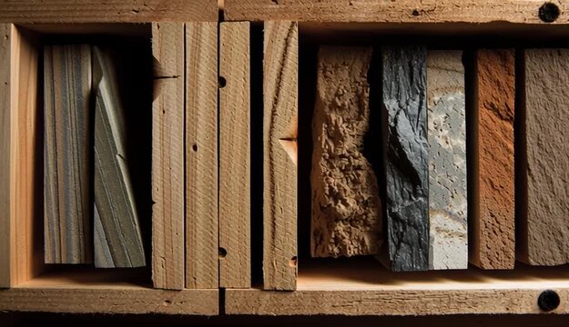 Geological rock core samples in wooden crate displaying layers and textures
