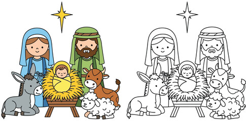Adorable Nativity Scene with Holy Family, Animals, and Guiding Star - Perfect for Festive Holiday Designs
