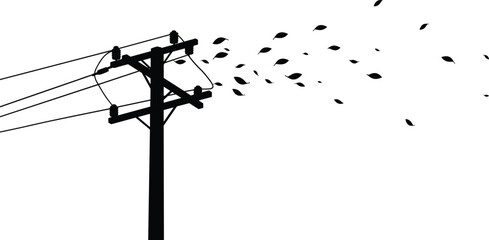 Silhouette utility pole with power lines and blowing leaves vector illustration showing contrast between infrastructure and nature in windy environment