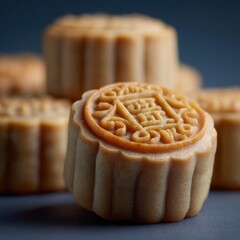 Traditional Mooncake with Intricate Design and Golden Crust on Display for Festival Celebration