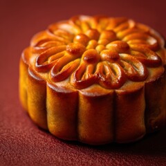 Beautiful Traditional Mooncake with Intricate Design on Dark Red Background