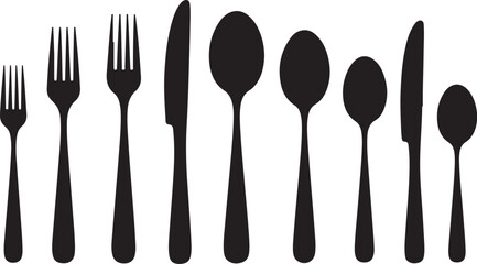 Black silhouette cutlery set vector. Knife, fork, spoon icons isolated on white background. Cutlery set icons sign vector.Fork, Knife and Spoon icon set.