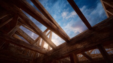 Obraz premium Unfinished wooden building framework against a blue sky with clouds