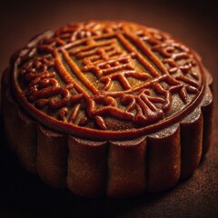 Traditional Mooncake with Intricate Design and Rich Golden Color on Dark Background