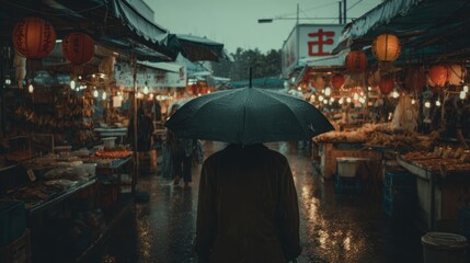 Rainy Night Market Scene with Umbrella in a Vibrant Asian Environment