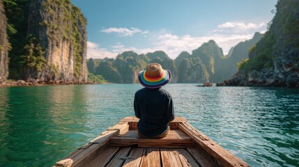 Serene Traveler on a Boat in a Majestic Coastal Landscape with Mountains and Clear Waters