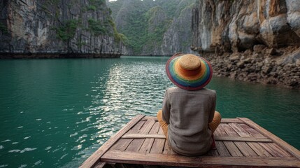 Tranquil Scene of a Person Gazing at Serene Waters Surrounded by Majestic Cliffs and Nature