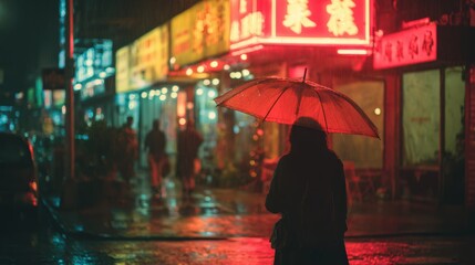 Woman with Umbrella Walking in Urban Nightscape with Neon Lights and Rain on Street