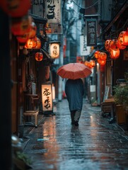 Serene Rainy Night in an Historic Alleyway With Lanterns and Umbrella in Urban Setting