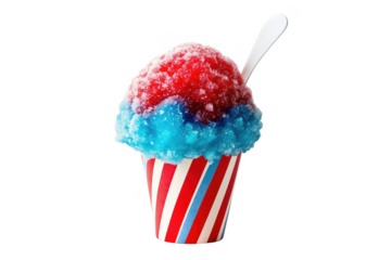Red blue shaved ice dessert with striped cup and spoon isolated on a transparent background sweet cold