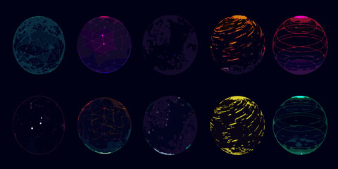 Collection of abstract spheres with geometric and textured designs in neon colors on dark background