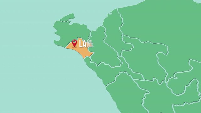 Mapa de Per&uacute; con divisi&oacute;n pol&iacute;tica resaltando el departamento de Lambayeque