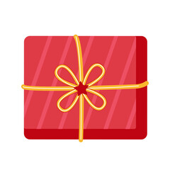 Red gift box tied with a yellow ribbon in the shape of a flower. Ideal for Christmas, Valentine’s Day, birthday, card design. Vector isolated on white background.