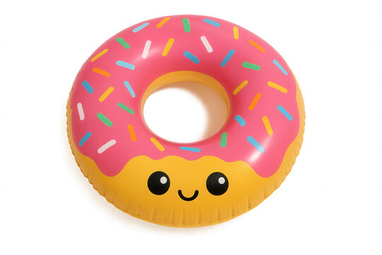 Pink donut pool float with sprinkles and cute face for summer fun, isolated with transparent background