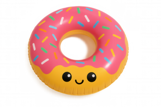Pink donut pool float with sprinkles and cute face for summer fun, isolated with transparent background