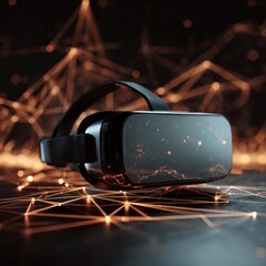 Futuristic Virtual Reality Headset Surrounded by Abstract Digital Connections and Patterns