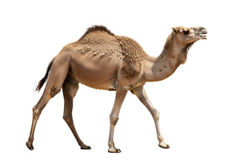 Brown Dromedary Camel Walking Isolated on White Background with Copy Space